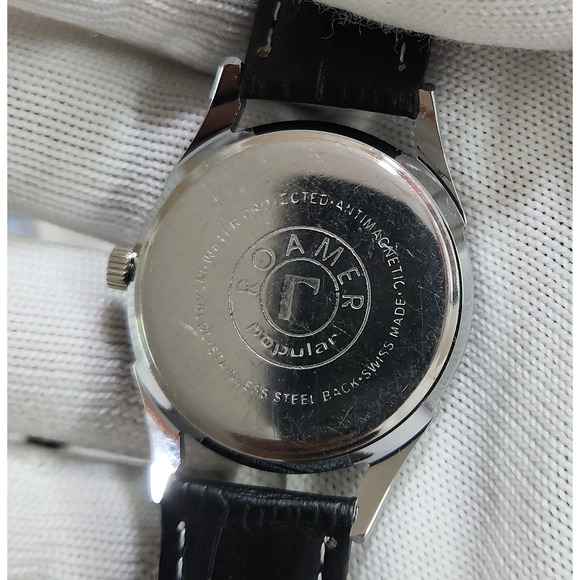 Vintage 1975 Roamer Manual Mens Silver Watch W/Leather Strap & Green accents - Picture 4 of 5